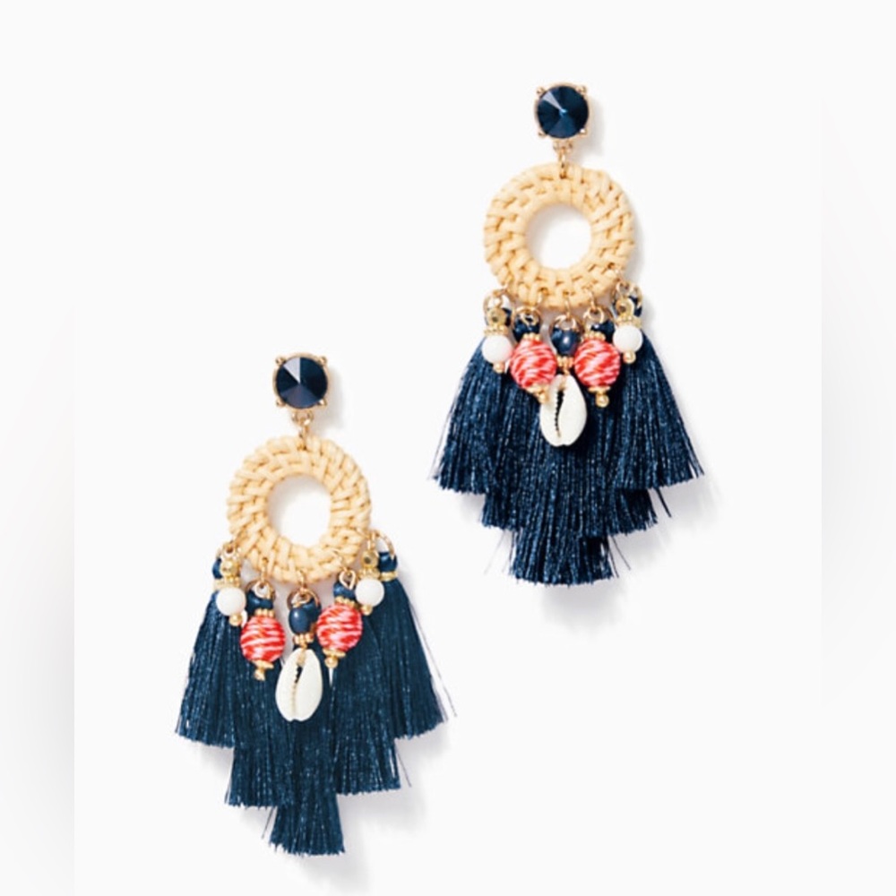NWT Lilly Pulitzer By the Shore Earrings Aegean Navy tassels rattan seashells